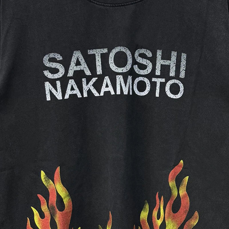 Hiphop Street Flame Print Fading Classic Letter Black Satoshi Nakamoto Tshirts Round Neck Short Sleeve Summer Men Women Top Tee - Matrix-studios.com