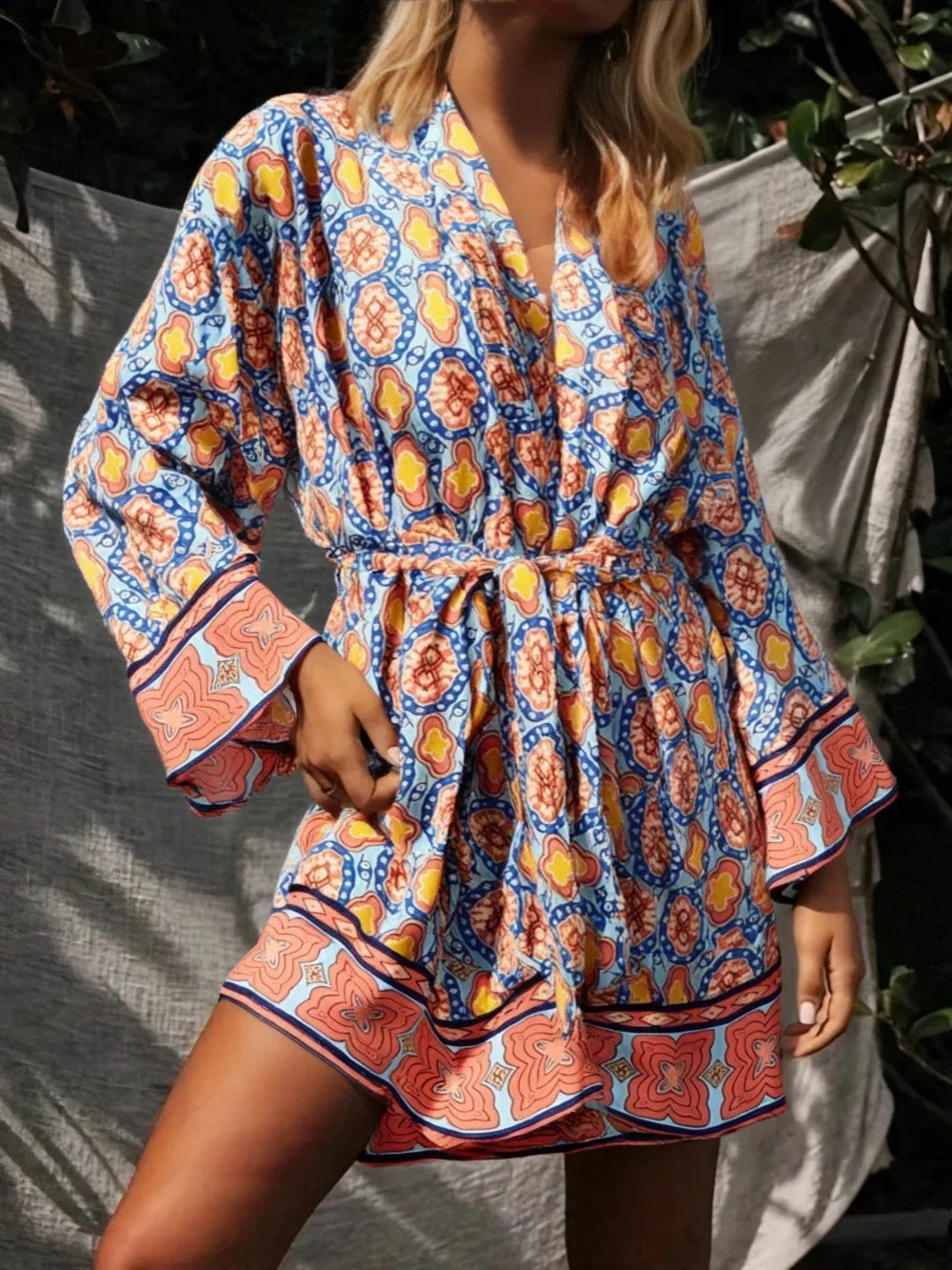 Boho Queens Vintage Peacock Floral Print Sashes Beach Kimono Women Bohemian Wrap Batwing Sleeves Holiday Bikini Cover-ups - Matrix Studios