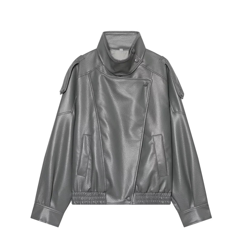 Women's Jacket 2026 Autunm  New Black Long Sleeve Pebble Faux Leather Jacket Motorcycle Style Personality Fashion - Matrix Studios