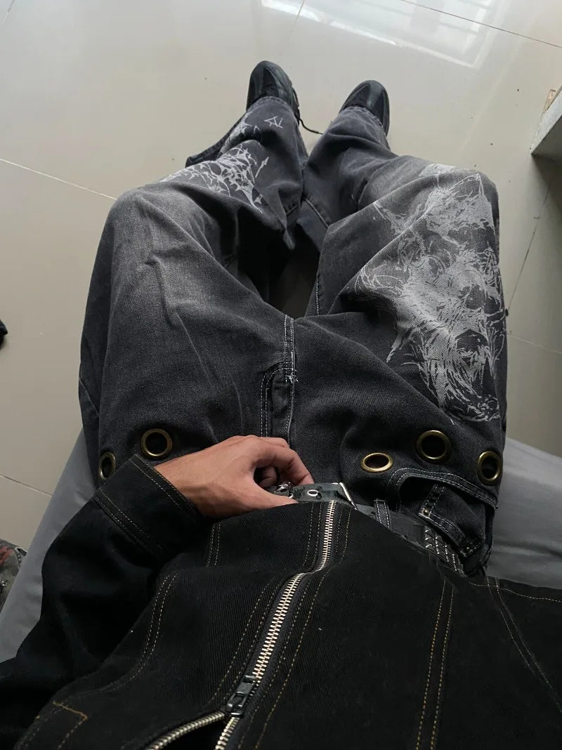 American New Fashion Oversized Pattern Printed Washed Jeans Men Y2K Gothic Rock Popular Casual Joker High Waist Wide Leg Pants - Matrix Studios