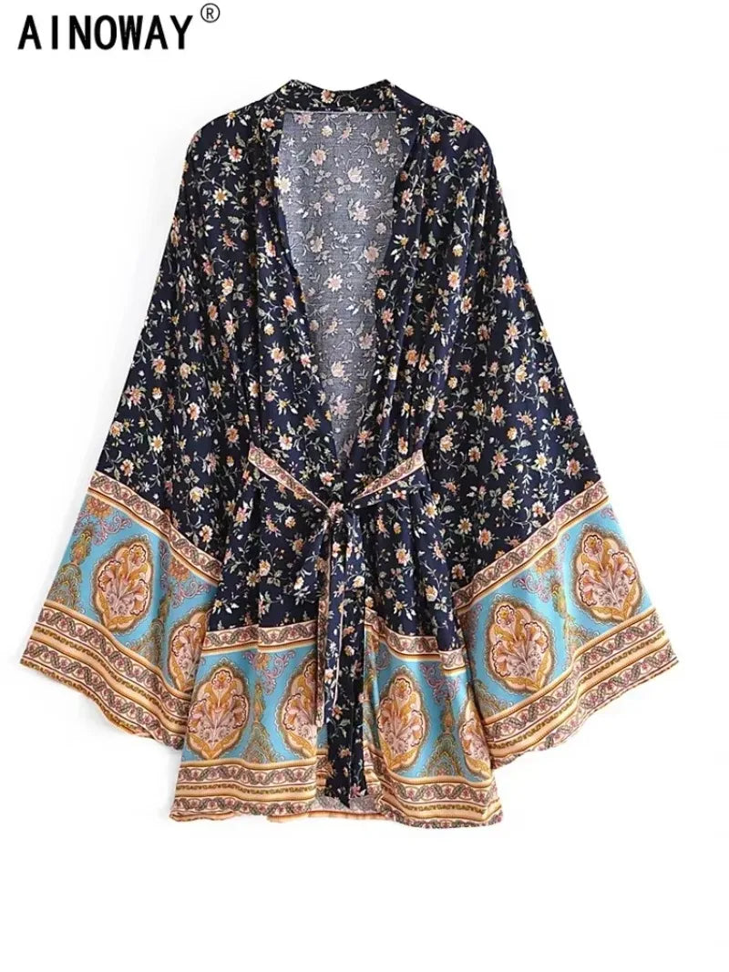 Boho Vintage Multi Floral Print Sashes Kimono Women bohemian V Neck batwing Sleeves rayon cotton happie short robe Cover-ups - Matrix Studios