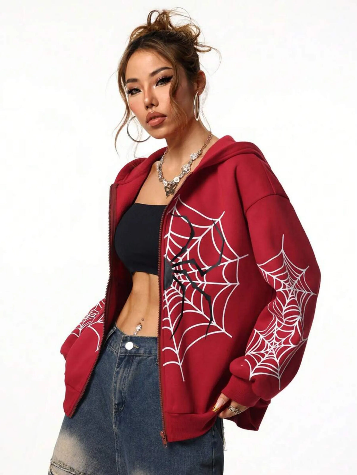 2026 Y2K Spider Web Print Unisex Zip Up Hoodie| Oversized Loose Fit for Men & Women, All Seasons - Matrix Studios