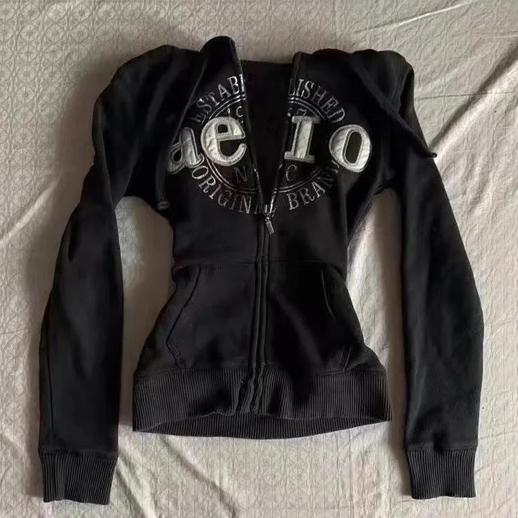 American Harajuku Retro Black Zipper Hoodie Womens Gothic Collar Long Sleeve Folded Hoodie Fashion Hip Hop Winter Sports Jacket