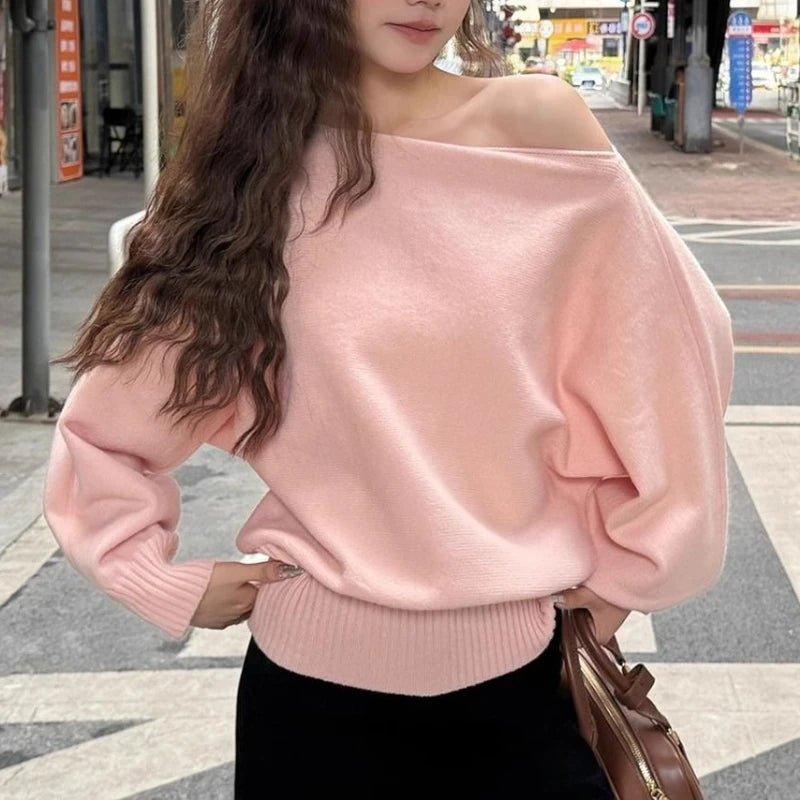 Batwing Long Sleeve Knitted Pullover Women 380g Thick Off Shoulder Top Korean Fashion Sweater Loose Casual Autumn Outwear Pull - Matrix Studios