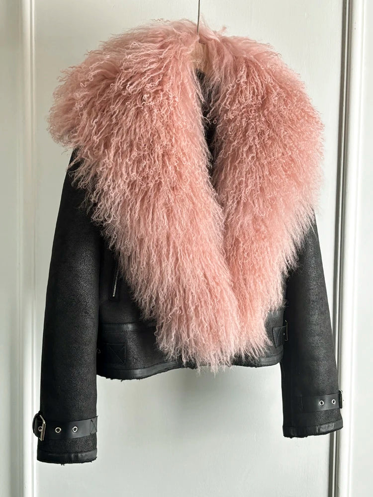 Janveny Luxury Natural Mongolian Sheep Fur Coat Women Winter Short Faux Leather Jacket Female Moto Biker Thick Outwear - Matrix Studios