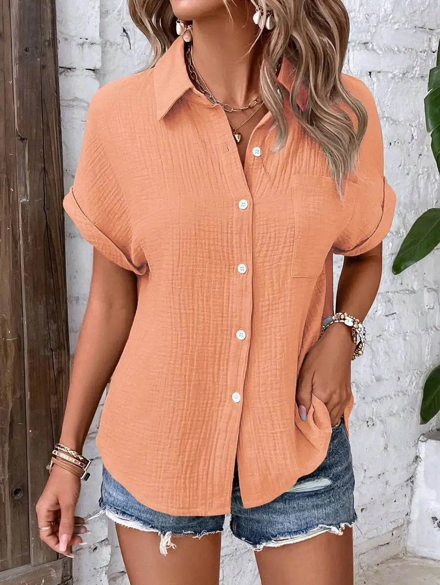 Women Casual Cotton Blouse Vintage Summer Short Sleeve Slim Shirt Elegant Turn Down Collar Solid Tunics Harajuku Streetwear Tops - Matrix-studios.com