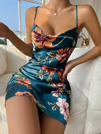 Summer Thin Breathable Women's Dress Ice Silk Slip Dress Sexy Floral Print Pajamas Open Back Split Nightdress Silk Pajamas - Matrix-studios.com