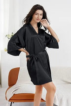 Women Silk Satin Short Night Robe Solid Kimono Robe Fashion Bath Robe Sexy Bathrobe Peignoir Femme Wedding Bride Bridesmaid Robe