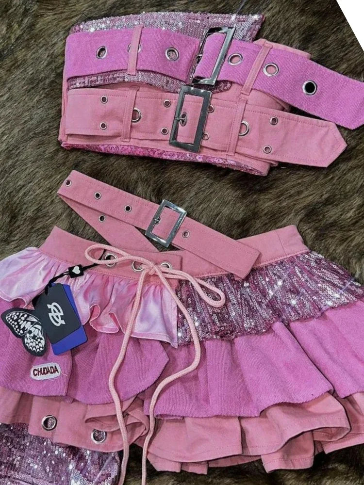 2000s Aesthetic Punk Style Women New 2 Piece Set Sexy Strapless Tops + High Waist Skirt Female Retro Chic Korean Popular Clothes - Matrix-studios.com