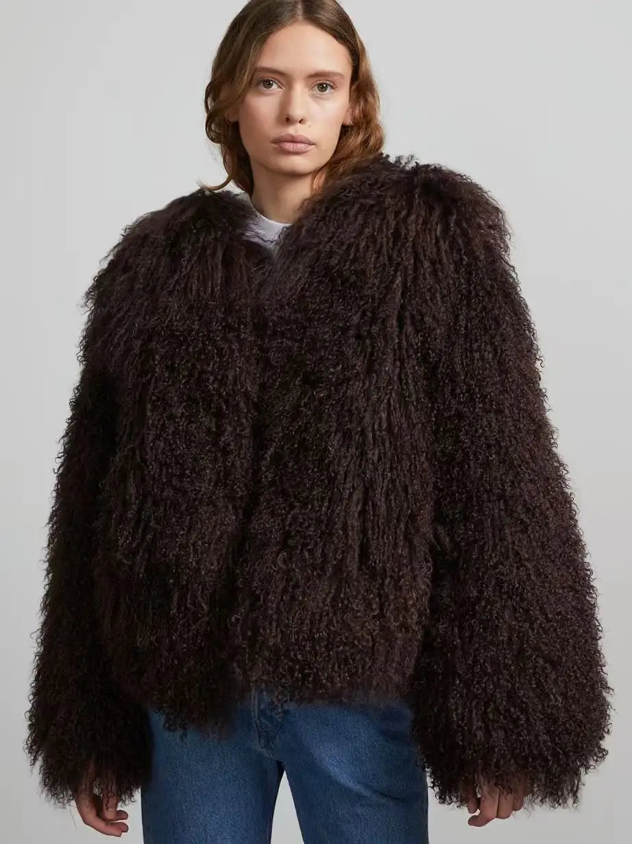 Mongolian Fur Coat Fur Jacket Women's Elegant Fluffy Solid Color Thickened Thermal Long Sleeve Coat Winter Fashion Oversized Lad - Matrix Studios