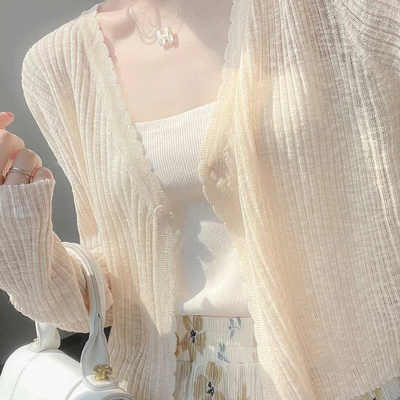 AOSSVIAO 2026 Spring Summer Ice Silk Knitted Thin Women's Cardigan French Style Sun Protection Shawl Sweater Coat Knit Crop Tops - Matrix Studios