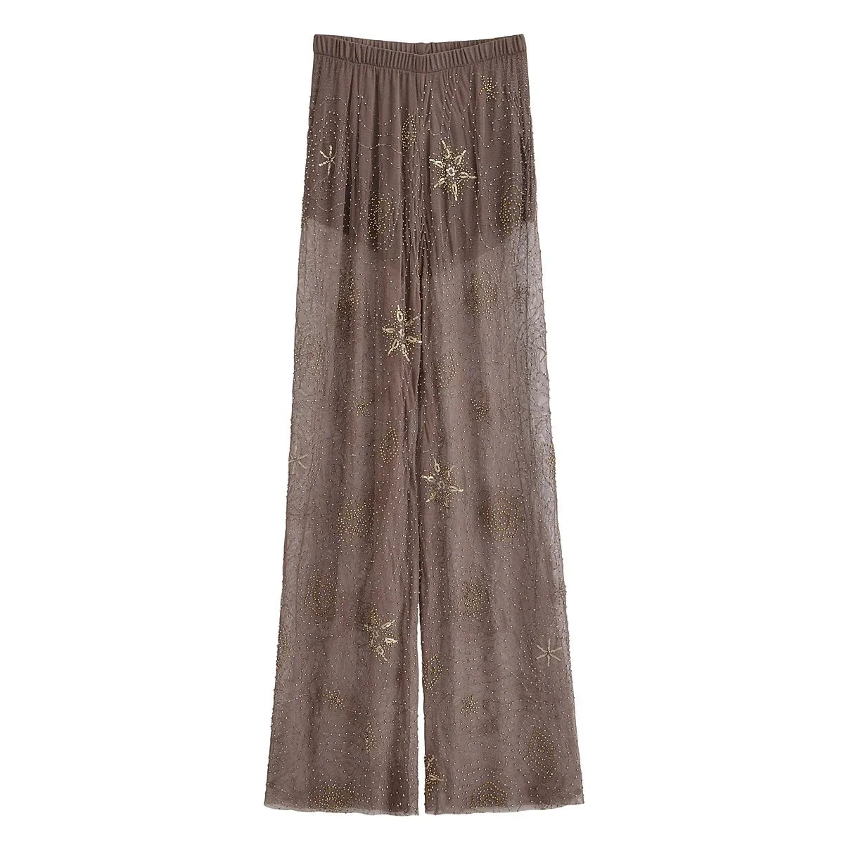 KONDALA Sexy Chic Women Transparent Pants Sequins Straight Wide Leg Pants Fashion 2025 Spring Summer Holiday Party Trousers