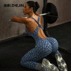 ZHEJIN Leopard Jumpsuit Women Backless Criss Cross Seamless Yoga Romper Scrunch Butt Lifting Workout Bodysuit Gym Fitness Wear - Matrix Studios