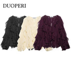 DUOPERI Women Fashion Solid Ruffled Blouse Vintage V-Neck Long Sleeves Female Chic Lady Shirts - Matrix-studios.com