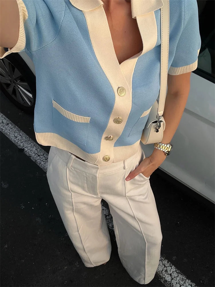 Tossy Knit Sweater Cardigan Coat Female Pocket V-Neck Contrast Short Sleeve Patchwork Elegant Vest Women's Knitwear Cardigan Top - Matrix Studios