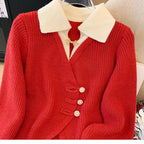 New 2026 Autumn Winter Design Splicing Slim Women Knitted Cardigan Sweater Jacket Fashion Fake Two Items Loose Ladies Top - Matrix Studios