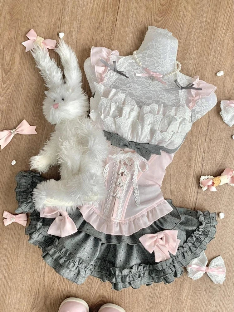 Summer Sweet Preppy Style 2 Piece Sets Women Y2k Kawaii Lolita Design Tops + High Waist Chic Skirt Female Princess Retro Outfits - Matrix-studios.com