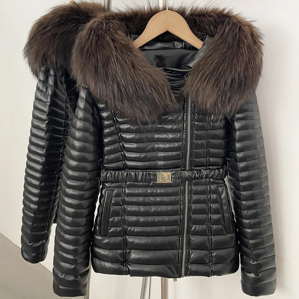 OFTBUY Winter Real Fox Fur Collar Coat Women Duck Down Jacket Female PU Leather Belted Hooded Warm Duck Down Parka Outerwear - Matrix Studios
