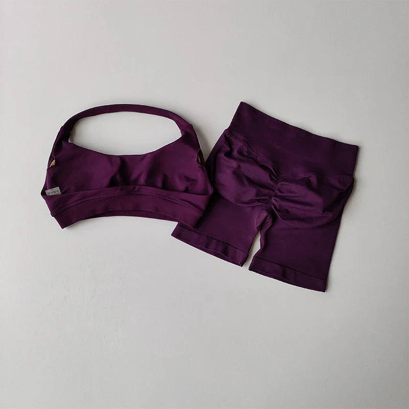 Sexy Halter Neck Beautiful Back High Waist Peach Sports Bras Shorts Suit Pilates Gathering Yoga Vest Training Fitness Bra Sets - Matrix-studios.com
