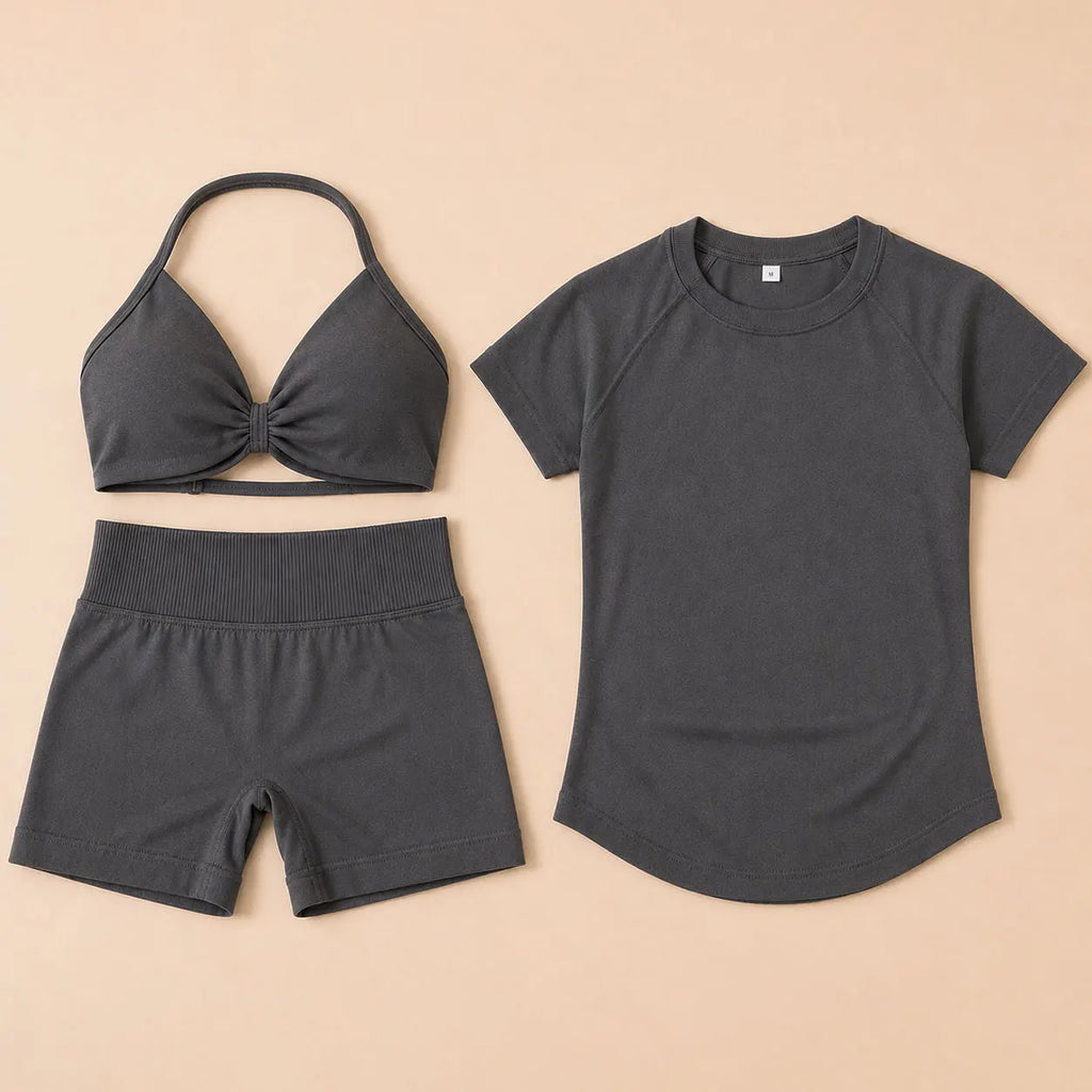3 Pieces Gym Set Woman Seamless Short Sleeve Top Scrunch Gym Shorts Sport Strappy Bra Bodysuit Workout Suits Gym Clothes - Matrix-studios.com