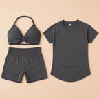 3 Pieces Gym Set Woman Seamless Short Sleeve Top Scrunch Gym Shorts Sport Strappy Bra Bodysuit Workout Suits Gym Clothes - Matrix-studios.com