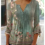 V-Neck Elegant Office Lady Blouses Tops Blusas 2024 Casual Trendy Summer Blouses Print Three Quarter Buttons Women Shirts S-3XL - Matrix-studios.com