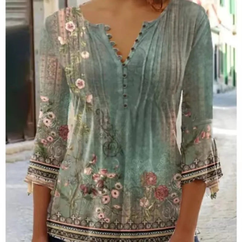 V-Neck Elegant Office Lady Blouses Tops Blusas 2024 Casual Trendy Summer Blouses Print Three Quarter Buttons Women Shirts S-3XL - Matrix-studios.com