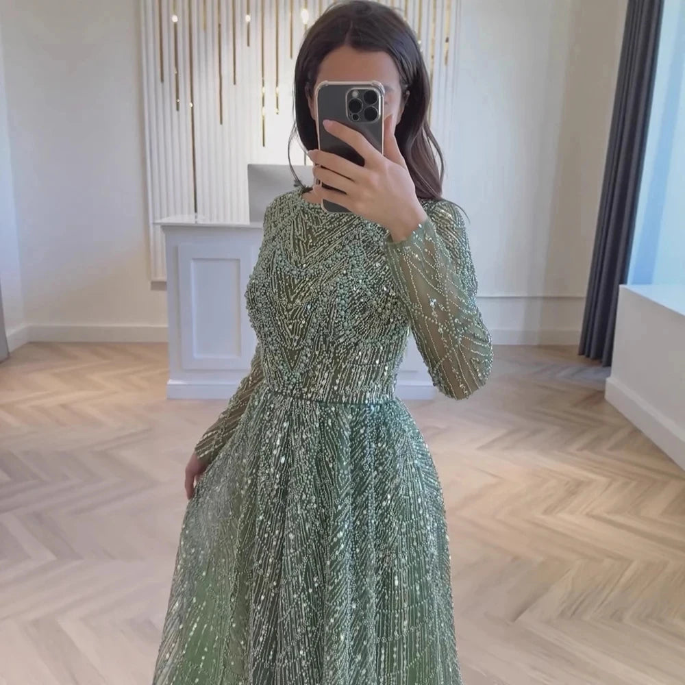 Mina Customized Beads Luxurious Women's Evening Dresses for Formal Occasions Sequins. Long Sleeves Round Neck Luxury Party Dress - Matrix-studios.com