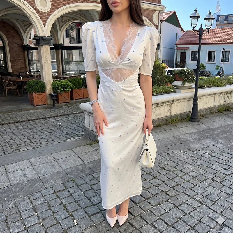 TARUXY Sexy Hollow Lace Dress Women's Fashion Short Sleeve Elegant High Waist Slim Print Dress Summer Party Club Clothes Female - Matrix-studios.com
