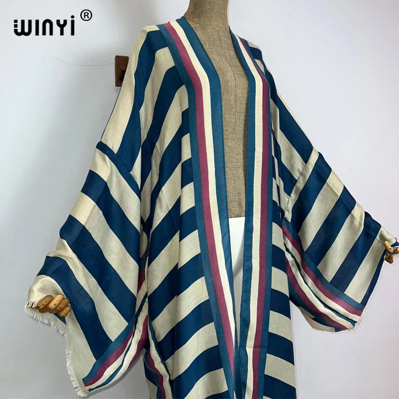 WINYI Kimono Africa Summer Boho Stripe Print Beach Swimwear Elegant Cardigan Sexy Holiday Maxi Beach Wear Swimsuit Evening Dress - Matrix Studios