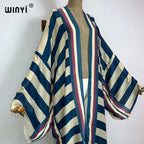 WINYI Kimono Africa Summer Boho Stripe Print Beach Swimwear Elegant Cardigan Sexy Holiday Maxi Beach Wear Swimsuit Evening Dress - Matrix Studios