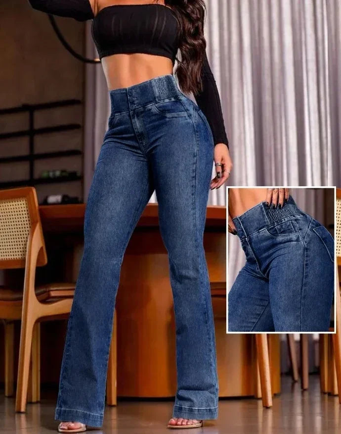 ALLUKASA 2025 autumn winter  Elegant High Waist Button Front Casual Female Jeans Sexy  Fashion Back Shirred Trouser Bottom - Matrix-studios.com