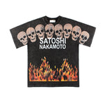 Retro Washed Black SATOSHI Tshirts Men Women Summer Cotton Flame Skull Pattern Mechanical Jesus Cross Print Short Sleeve Tops - Matrix-studios.com