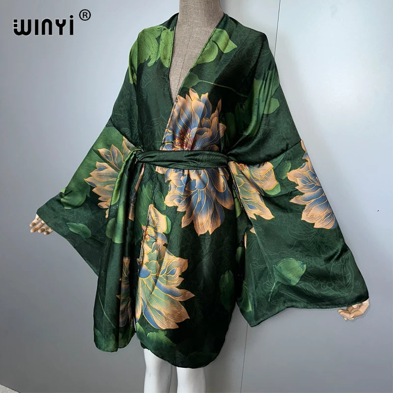 WINYI Bohemian Print Kimono Beach Outfits Women Swim Suit Cover Up Maxi Cardigan Stitch Self Belt Holiday Long Sleeve Print Coat - Matrix Studios