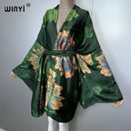 WINYI Bohemian Print Kimono Beach Outfits Women Swim Suit Cover Up Maxi Cardigan Stitch Self Belt Holiday Long Sleeve Print Coat - Matrix Studios