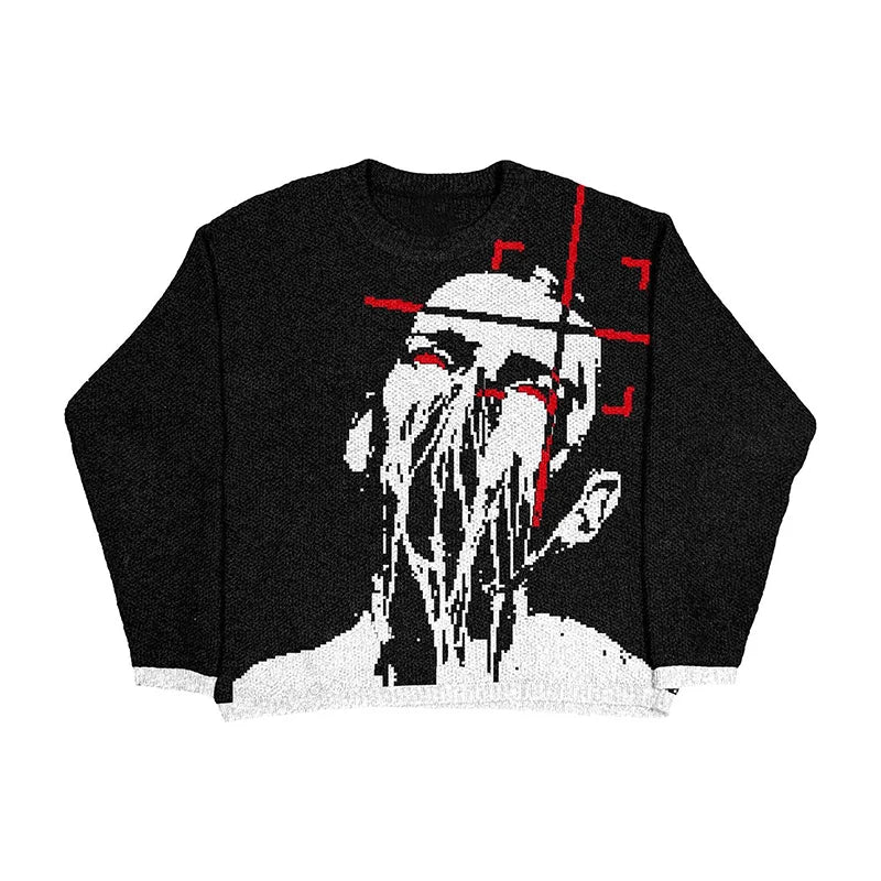 New Hip Hop Streetwear Knitted Sweater men Gothic portrait Print Pullover autumn Harajuku Cotton sweater women Oversized Sweater - Matrix Studios