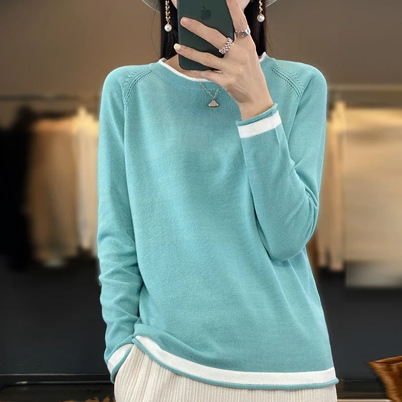 100% Cotton Knitwear Women's Round Neck Sweater Spring And Summer New Loose Color Matching Cotton And Linen Bottoming Shirt - Matrix Studios
