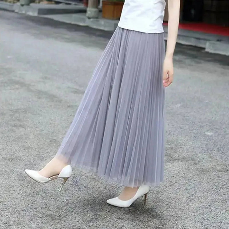 Vintage Tulle Skirt Women Streetwear Elastic High Waist Mesh Pleated Skirts Summer Elegant Korean A Line Office Ladies Skirt New - Matrix-studios.com