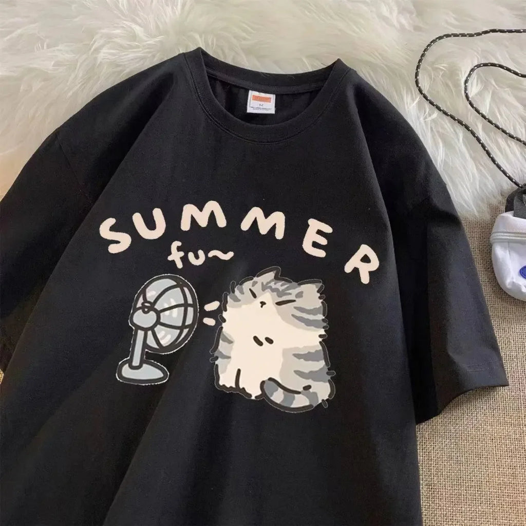 Fan Cat and Women Pure T-shirt for Men American Street Creative Blow Summer Relaxed Short Sleeve Couple Wear INS Top - Matrix-studios.com