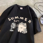 Fan Cat and Women Pure T-shirt for Men American Street Creative Blow Summer Relaxed Short Sleeve Couple Wear INS Top - Matrix-studios.com
