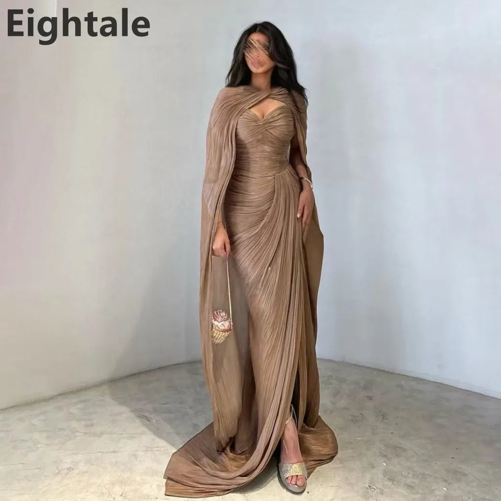 Eightale 2025 Brown Mermaid Maxi Evening Dress With Cape For Wedding Party Formal Prom Dress Dubai Party Gown Customized - Matrix Studios