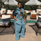 Denim Two Piece Sets Women Coat Jacket Wide Leg Pants Jeans Suits Matching Sets Trousers Outfits 2025 Y2k Streetwear Party - Matrix-studios.com