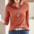 Pure cotton polo collar long sleeved t-shirt women's loose spring/summer new slimming and versatile fashion polo collar top - Matrix-studios.com
