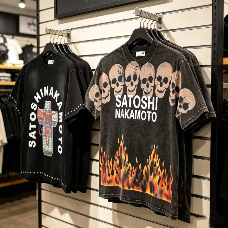 Retro Washed Black SATOSHI Tshirts Men Women Summer Cotton Flame Skull Pattern Mechanical Jesus Cross Print Short Sleeve Tops - Matrix-studios.com