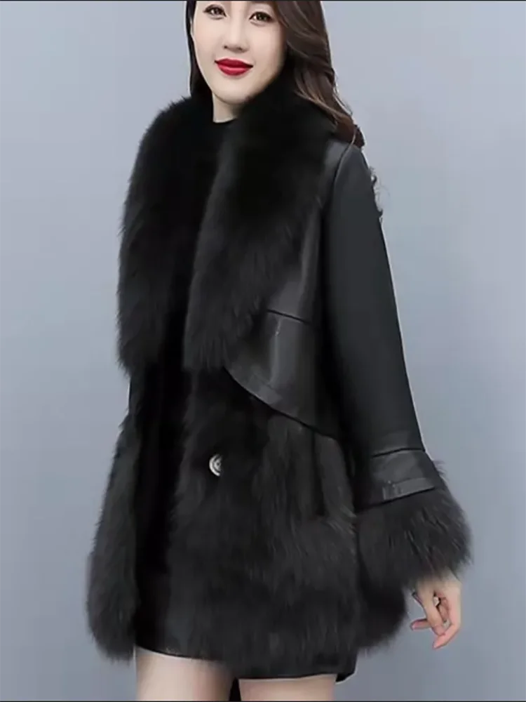 Chic Leather Jacket Women's Overcoat 2024 Autumn Winter New Faux Fox Fur Mid-Length PU Leather Stitching Thick Warm Coat Outwear - Matrix Studios