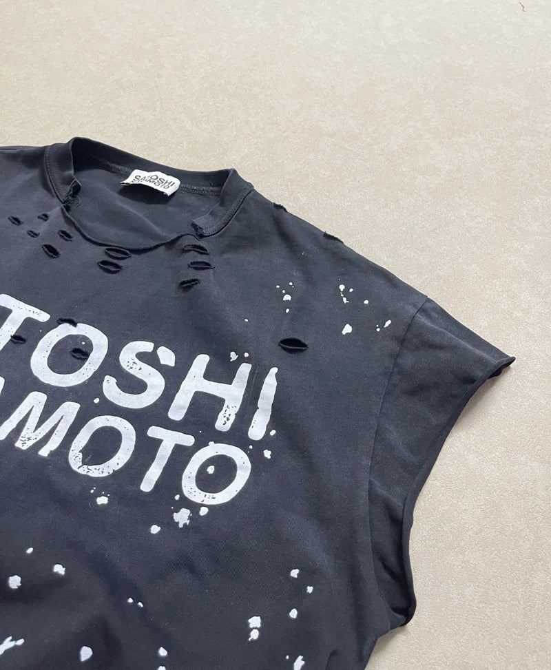 Heavy-duty Destruction Washed Black Irregular Ink Splashing SATOSHI Sleeveless T-shirt Men Women Stacked Vest Hiphop Streetwear - Matrix-studios.com