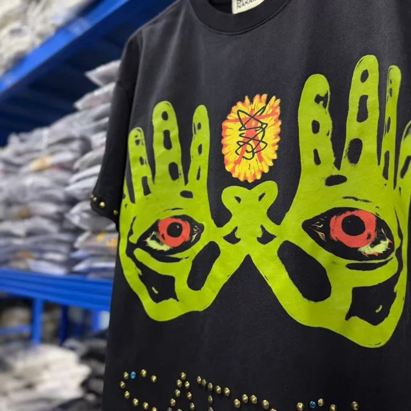 Mens Premium Acid Wash Short Sleeve T-Shirt Satoshi Nakamoto Heavy Dual Side Gold Stud Rhinestone Graphi - Matrix-studios.com