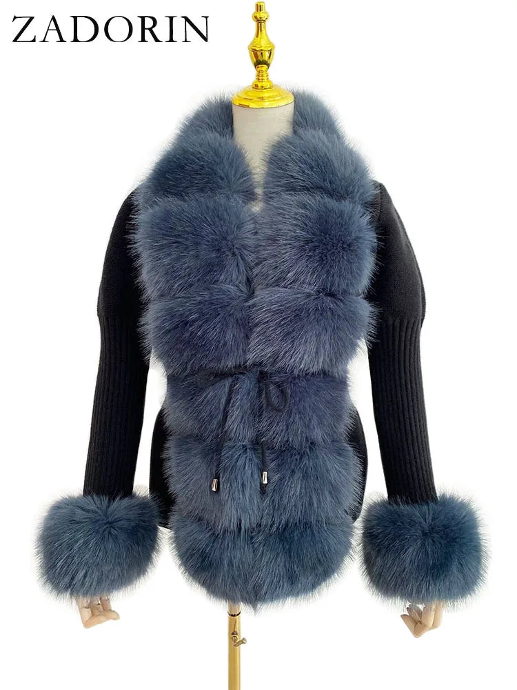 ZADORIN Autumn Winter Women Faux Fur Coat Luxury Knitted Sweater Fur Cardigan Detachable Collar White Pink Jacket Faux Fur Coats - Matrix Studios