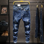 American Elastic Straight Jeans Men Ripped Worn-out Slim-fit Cotton Denim Pants Korean Style Fashion Blue Black Men's Clothing - Matrix Studios