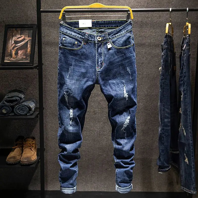 American Elastic Straight Jeans Men Ripped Worn-out Slim-fit Cotton Denim Pants Korean Style Fashion Blue Black Men's Clothing - Matrix Studios
